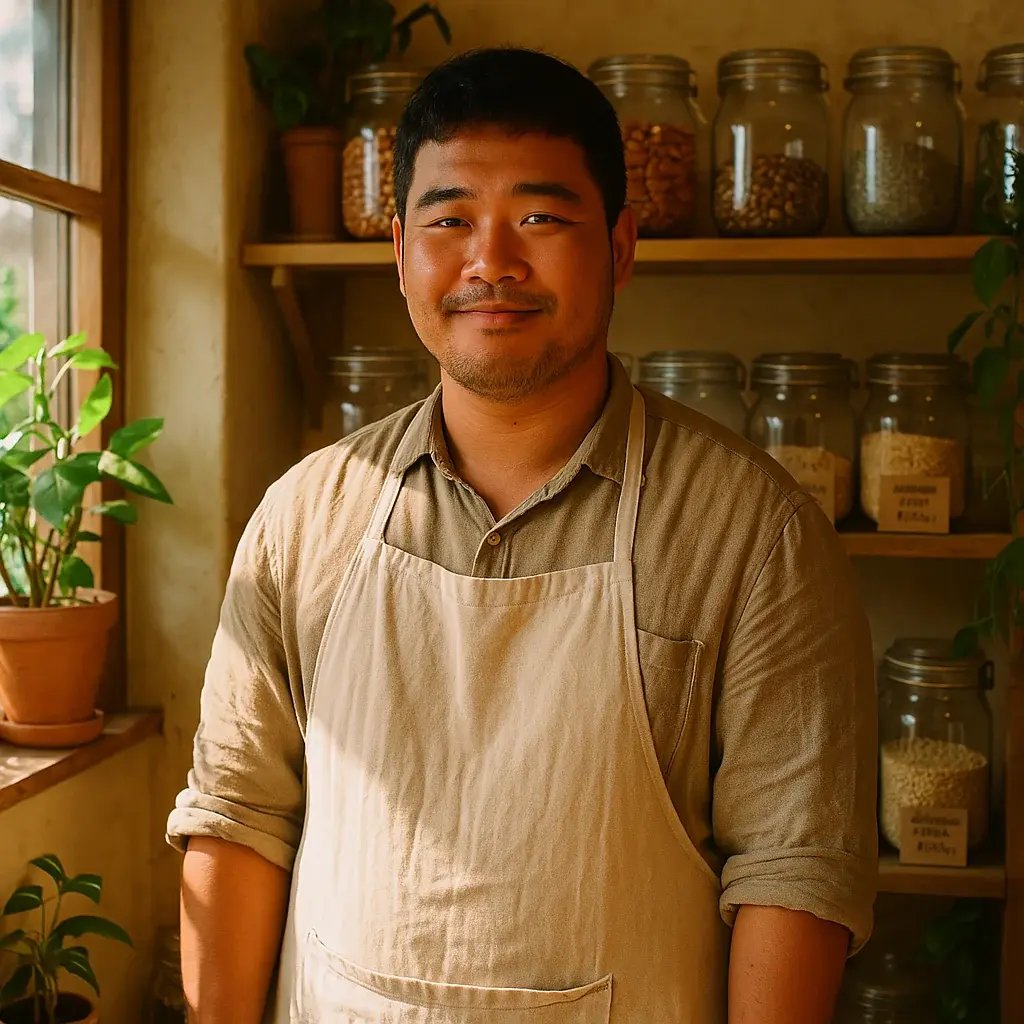 Bear, a Taiwanese natural food shop owner, standing in a cozy store filled with wooden shelves, glass jars of nuts, and green plants. He has a tanned complexion, a gentle smile, and wears a linen shirt with a cotton apron, radiating warmth and sincerity.